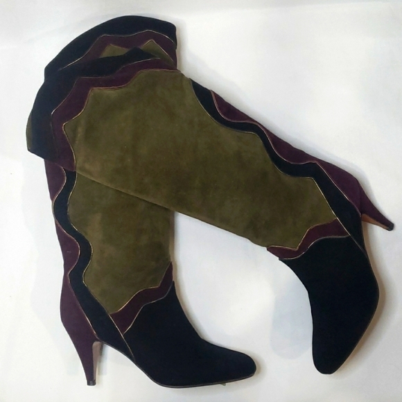 NWT GRAZIA Suede Patchwork Kitten Heel Slouchy Tall Boots Made in Spain - Picture 1 of 10